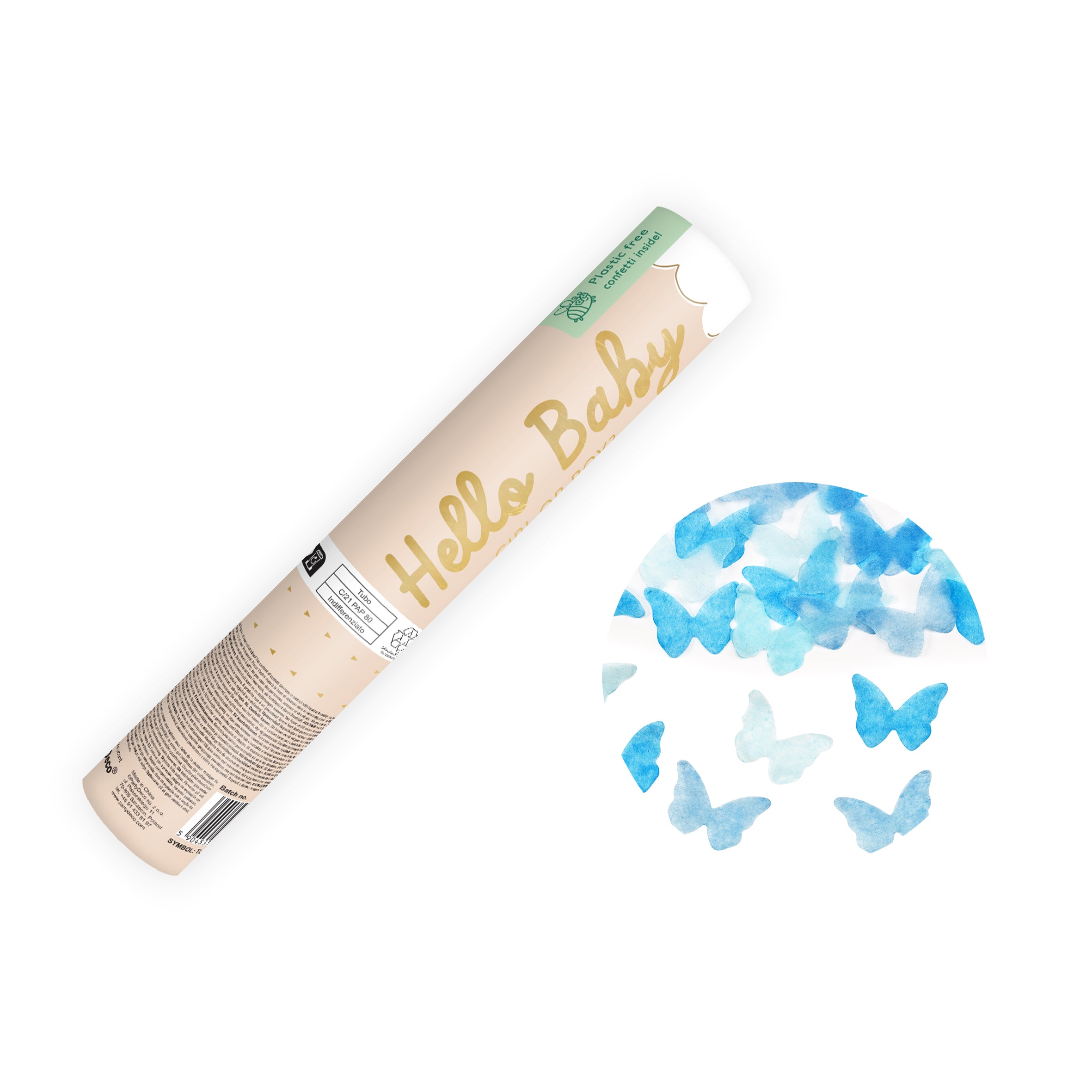 CONFETTI KANON BLAUW VLINDERS FEEST JONGEN GENDER REVEAL