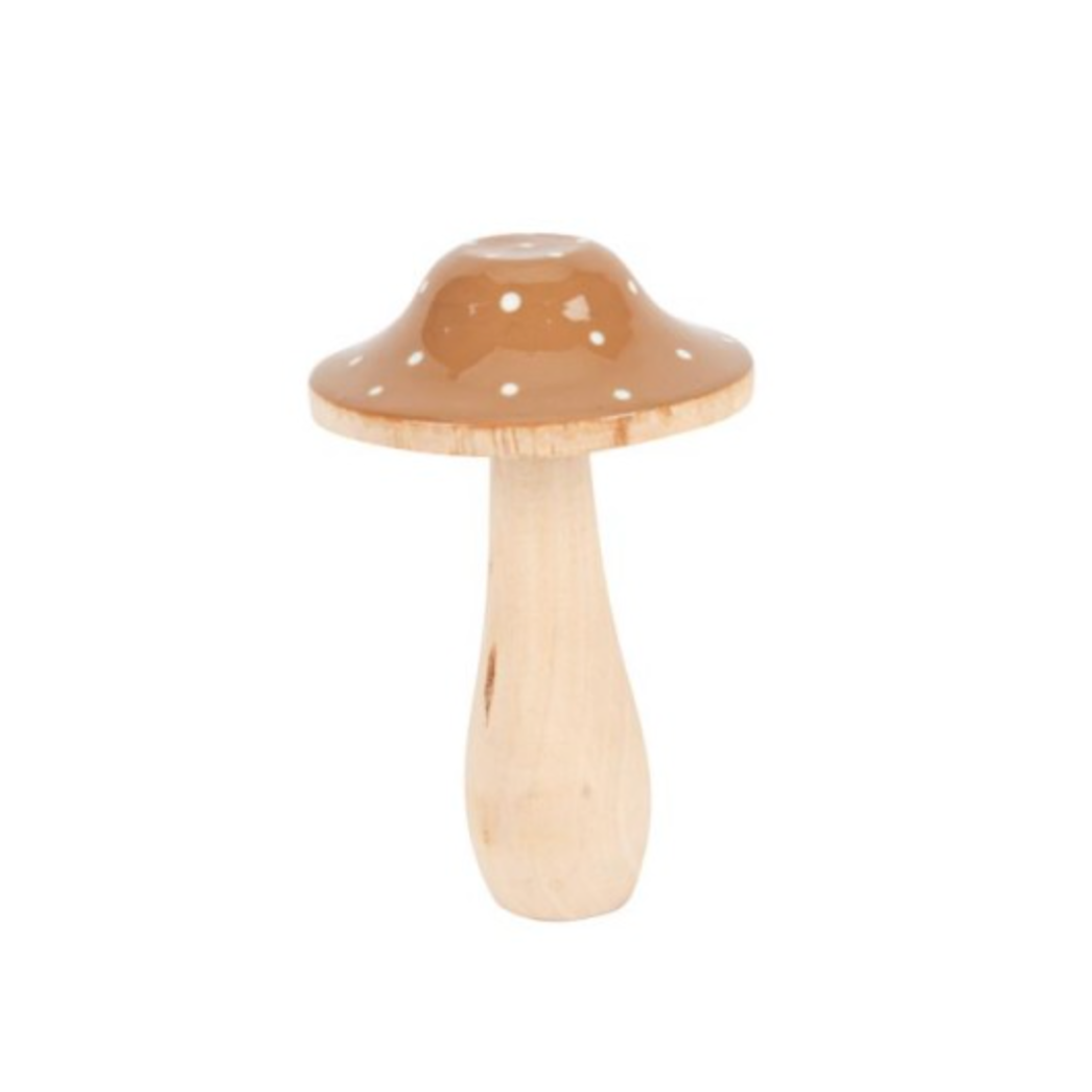 PADDENSTOEL HOUT CAMEL MET WITTE STIPPEN DECO HERFST