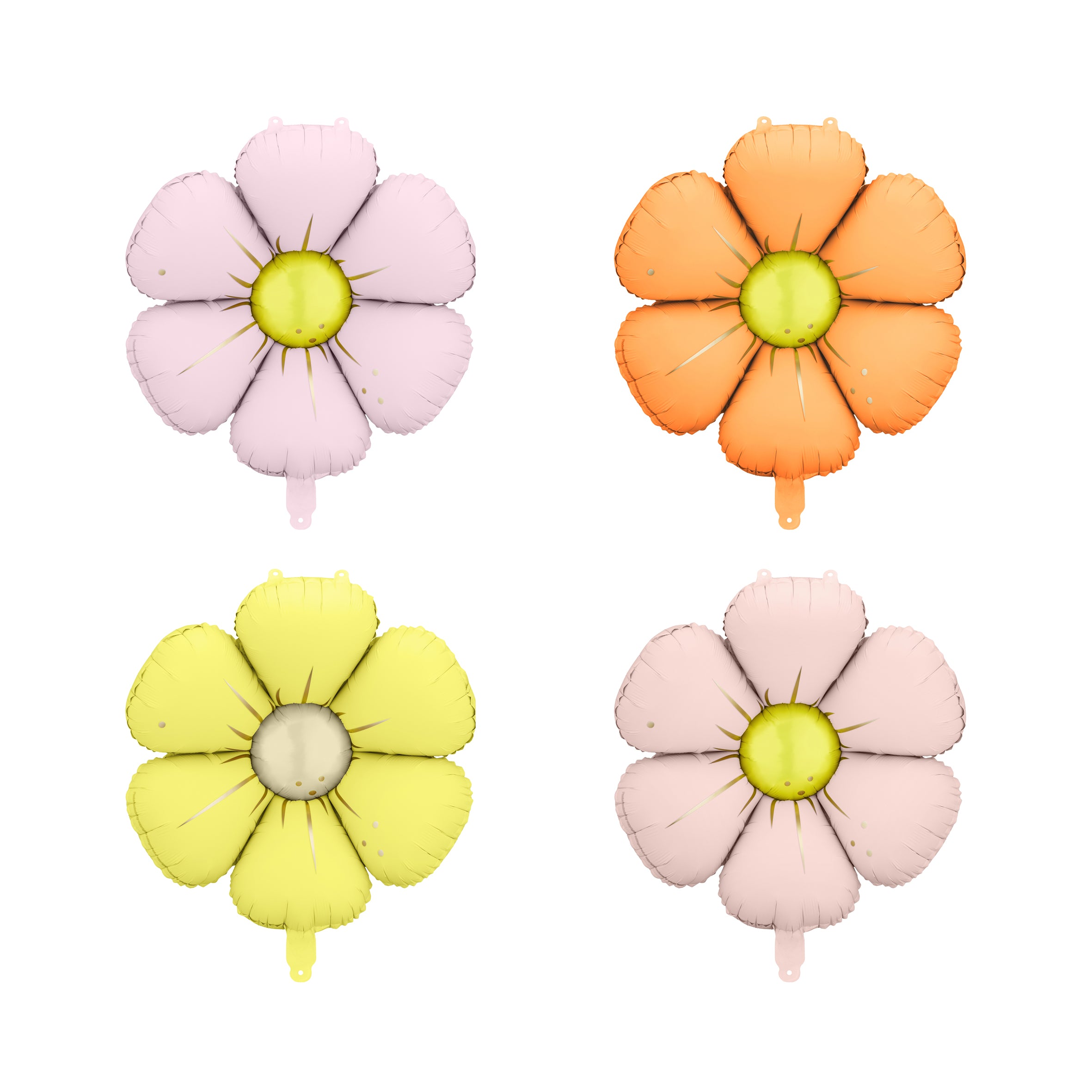 folieballonnen_bloemen_vier_kleuren oranje geel roze licht roze daisy madeliefsjes feest deco decoratie verjaardag lentefeest communie