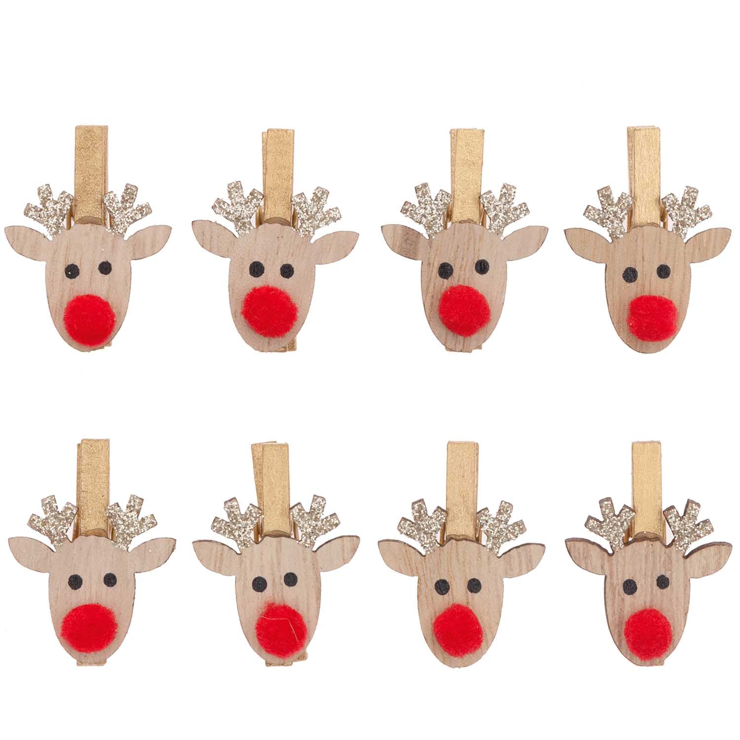 Houten rendier clips met rode pompon neus en glitter gewei - 8 stuks