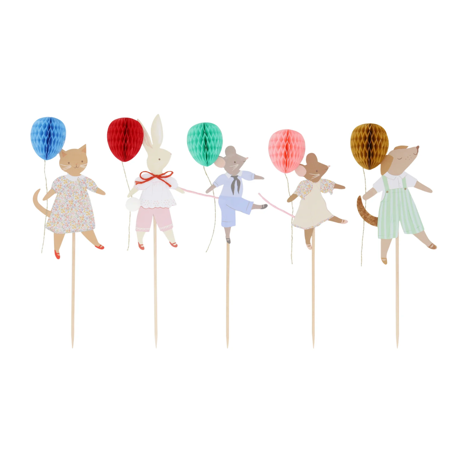 taarttoppers cupcake toppers dieren little animals meri meri feest deco decoratie feestversiering verjaardag kat konijn muizen muis hond ballon honeycomb