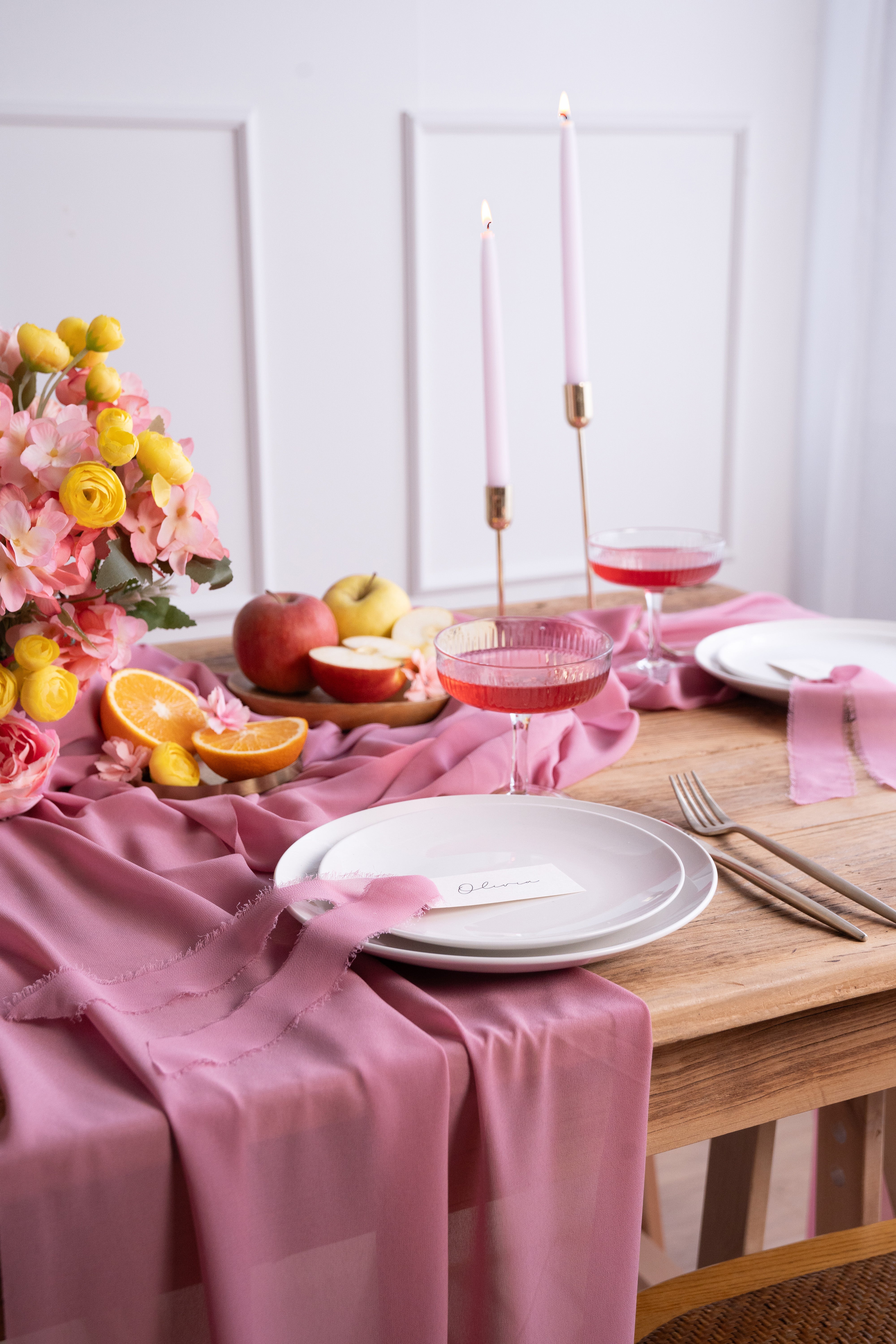 tafelloper chiffon warm roze tafel deco decoratie backdrop photoboot