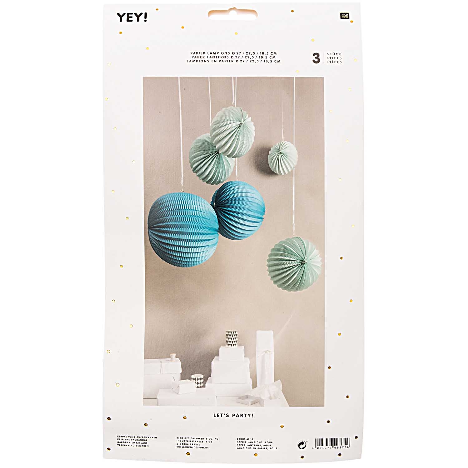 3 Lampionnen aqua, licht groen en pastel groen