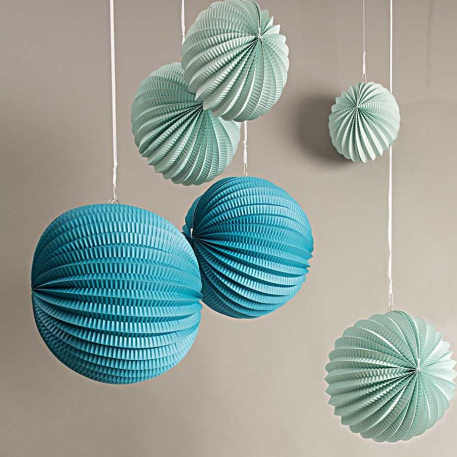 3 Lampionnen aqua, licht groen en pastel groen