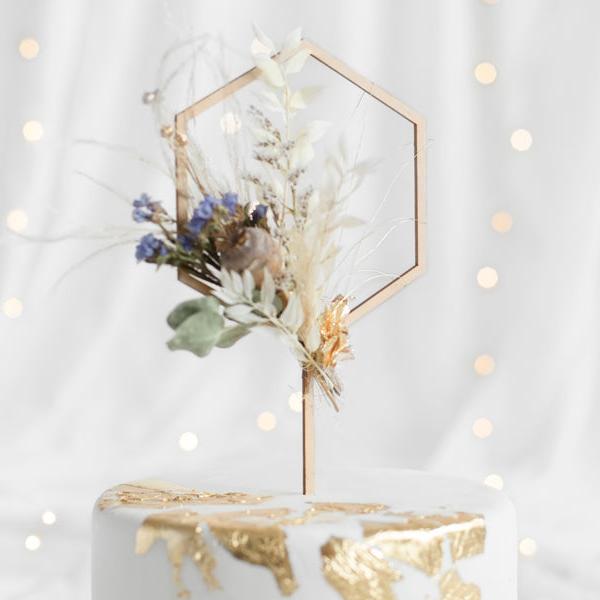 taart cake topper hexagon droogbloemen bloemen decoratie feest