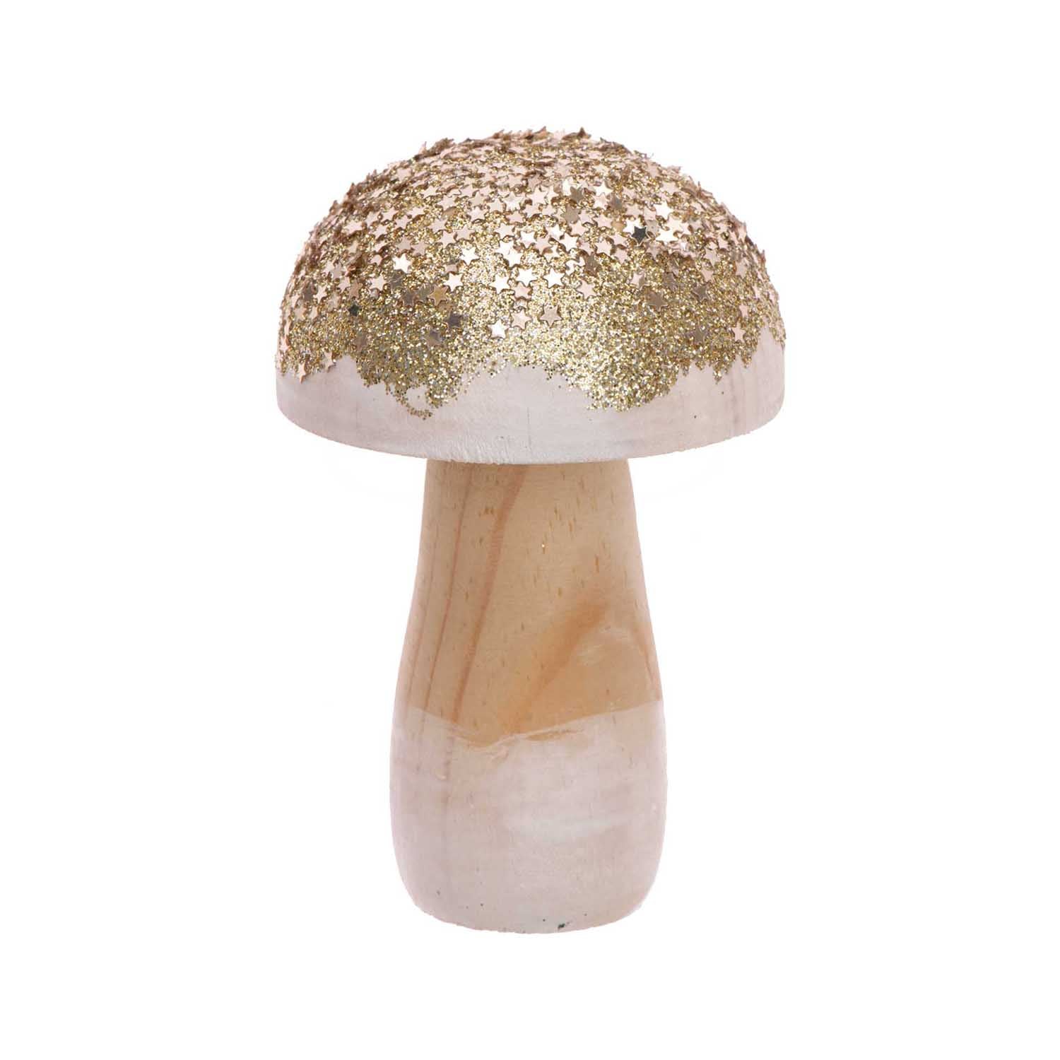 Paddenstoel hout en gouden glitters - 9cm