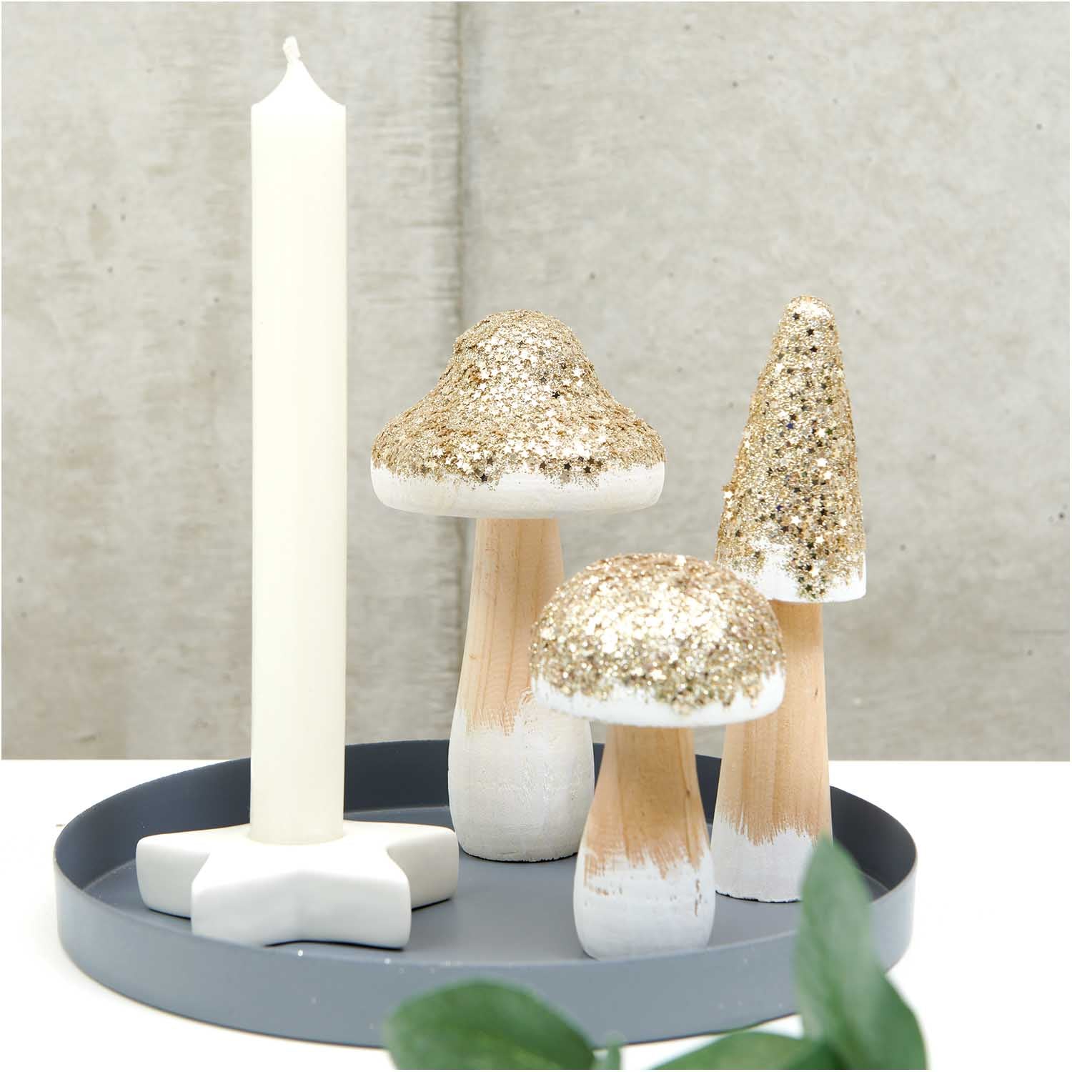 Paddenstoel hout en gouden glitters - 9cm