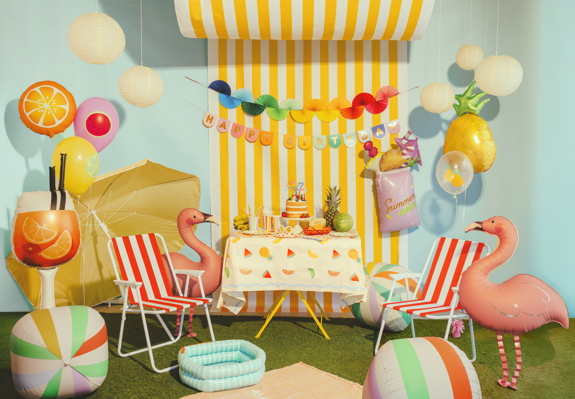 folieballon flamingo roze koraal feest zomer poolparty feest deco decoratie cocktail aperol spritz sinaasappel ananas strandbal