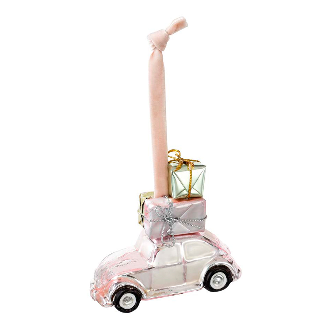 Glazen Luxe Kerstbal - roze auto met cadeaus