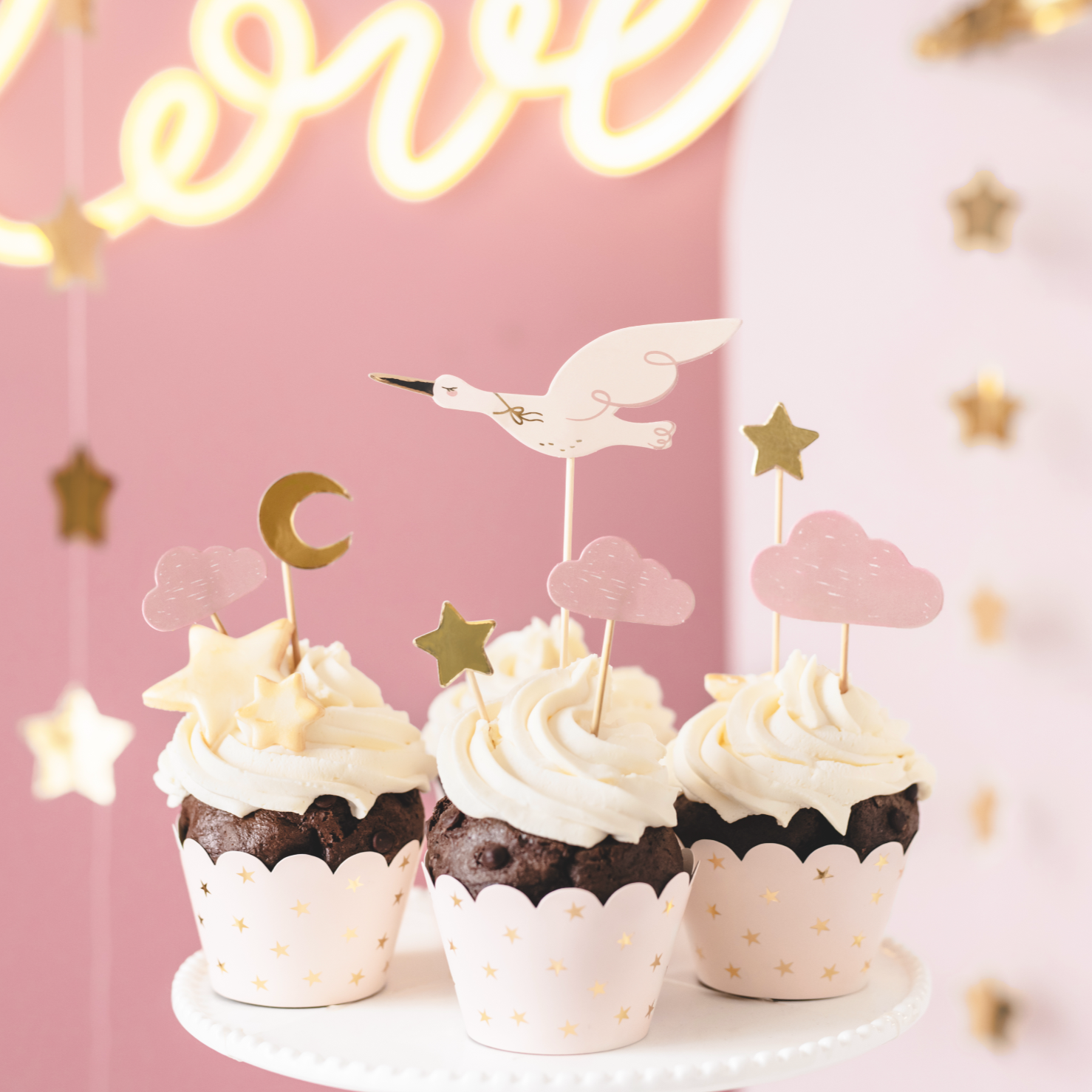 ooievaar taartoppers cupcake kit feest deco decoratie geboorte baby meisje verjaardag