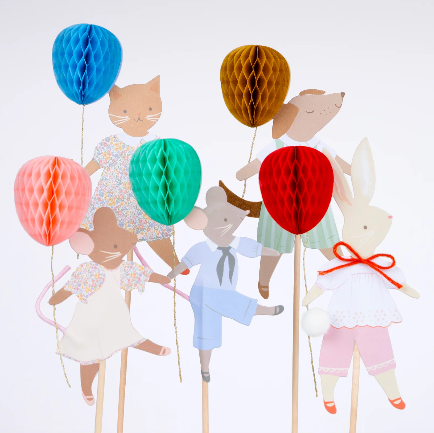 taarttoppers cupcake toppers dieren little animals meri meri feest deco decoratie feestversiering verjaardag kat konijn muizen muis hond ballon honeycomb